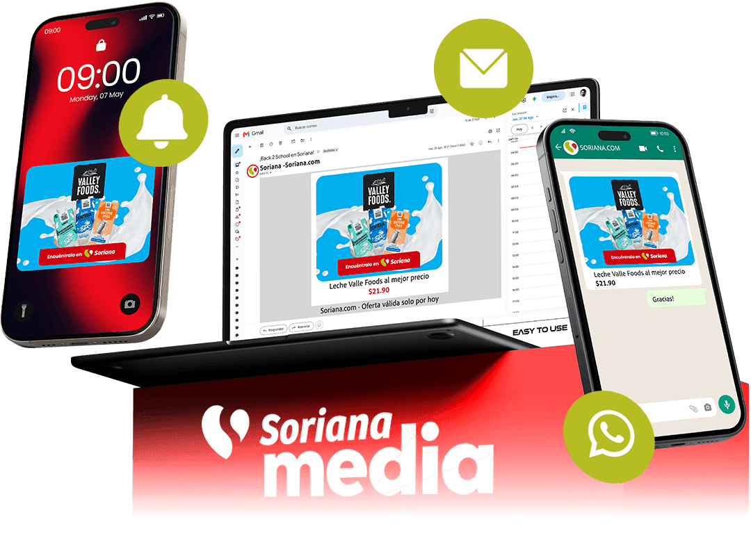 Mockup: laptop + celulares con mailing, push y WhatsApp de Soriana