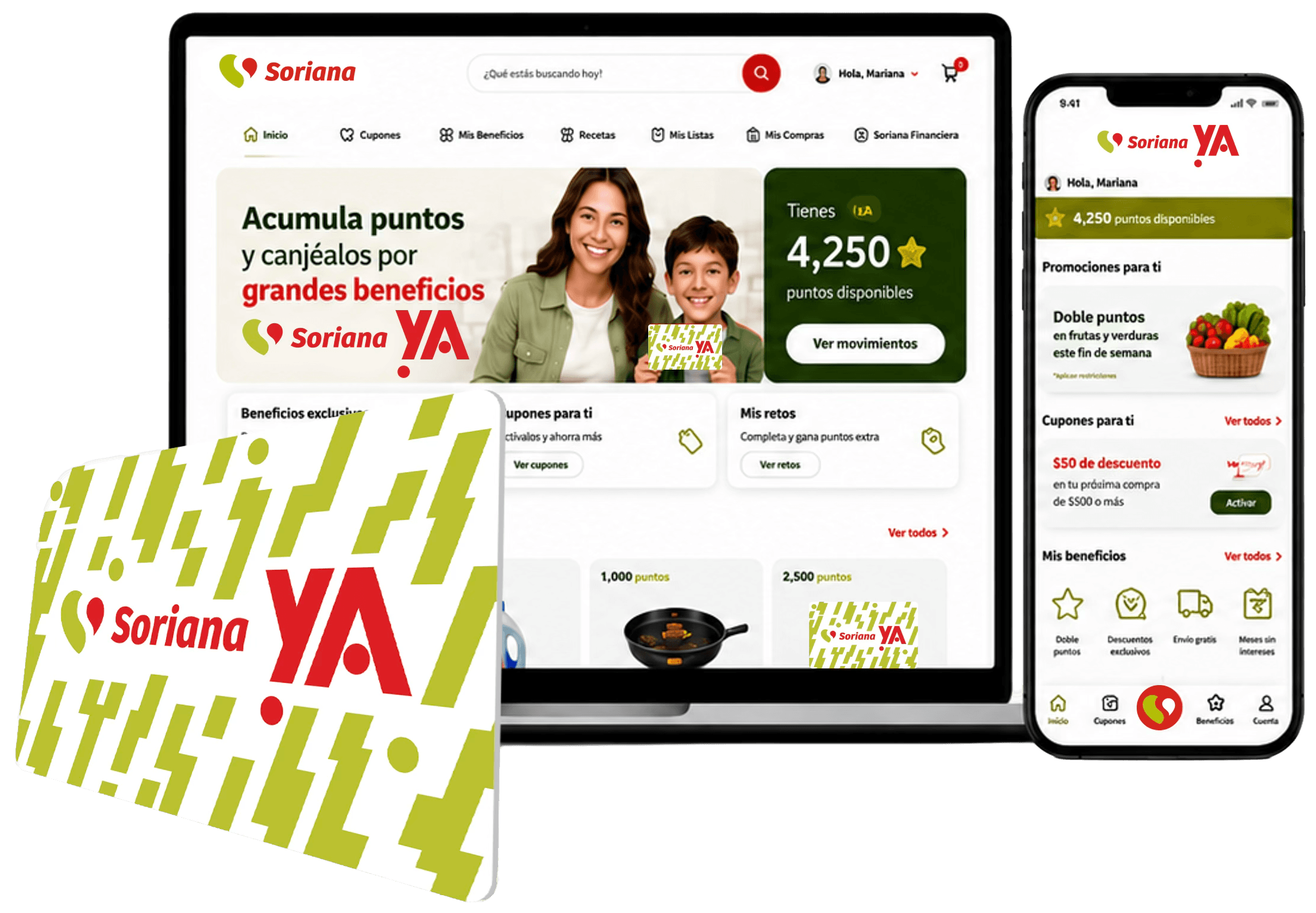 Mockup: laptop, tarjeta y celular de Soriana YA